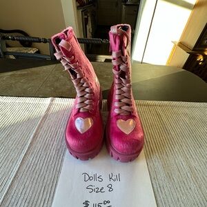 Dolls Kill Magenta Heart Lace-Up Combat Boots